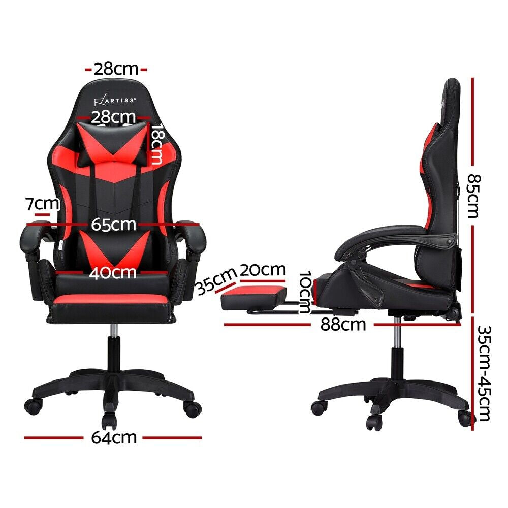 Artiss Massage Gaming Chair 6 Point 7 LED Office Chairs Leather Footrest Red