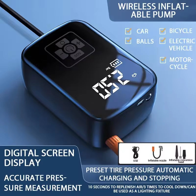 Wireless Car Air Compressor - Electric Tire Inflator for Motorcycles, Bicycles, Boats, and Inflatable Balls