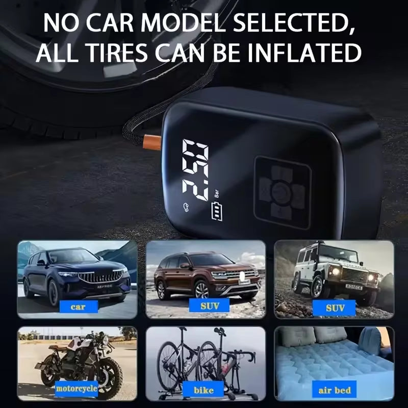 Wireless Car Air Compressor - Electric Tire Inflator for Motorcycles, Bicycles, Boats, and Inflatable Balls